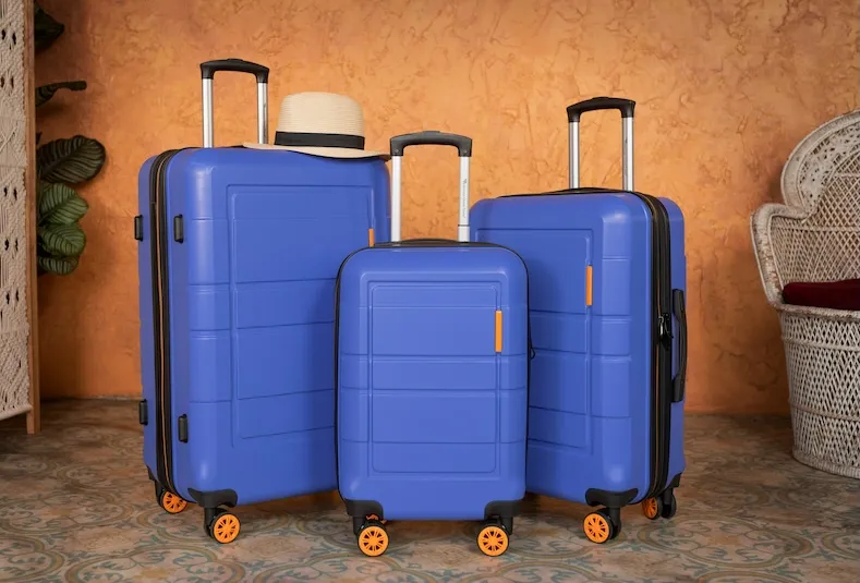 Luggage standing on wheels in a room.