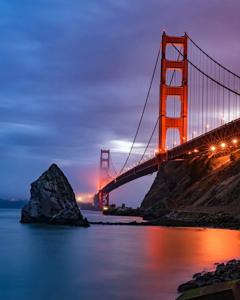 The Golden Gate Bridge at sunset.