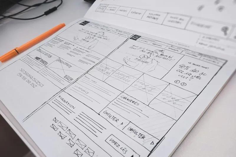 Photo of a sketchbook with drawings of wireframes.